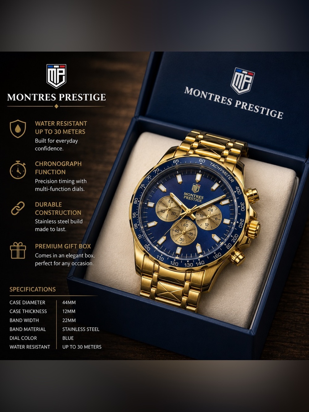 ⌚️New! Men's Gold Stainless Steel Chronograph 44mm Watch with Blue Dial